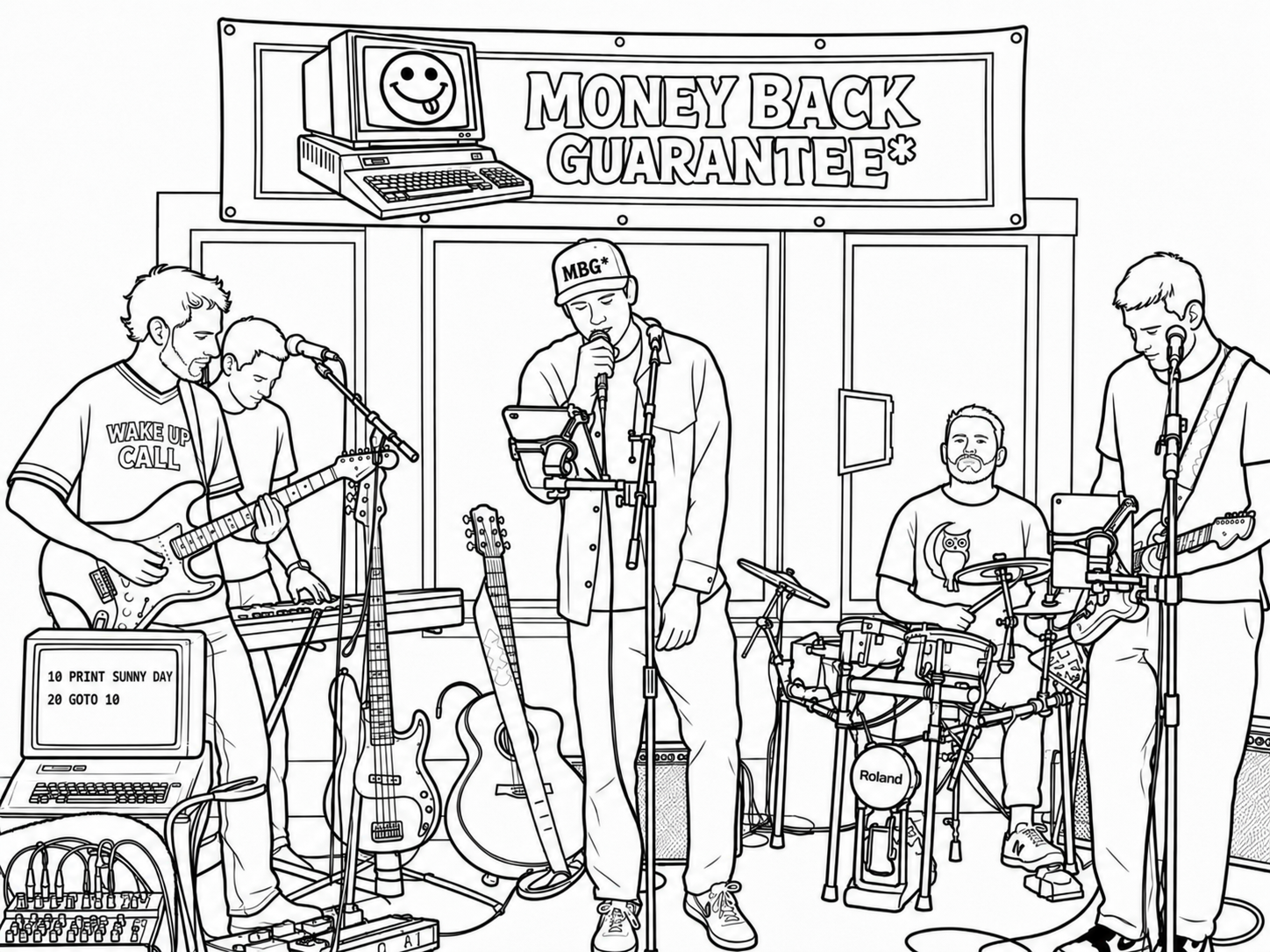 Money Back Guarantee* band on stage — a black-and-white line drawing ready for coloring.