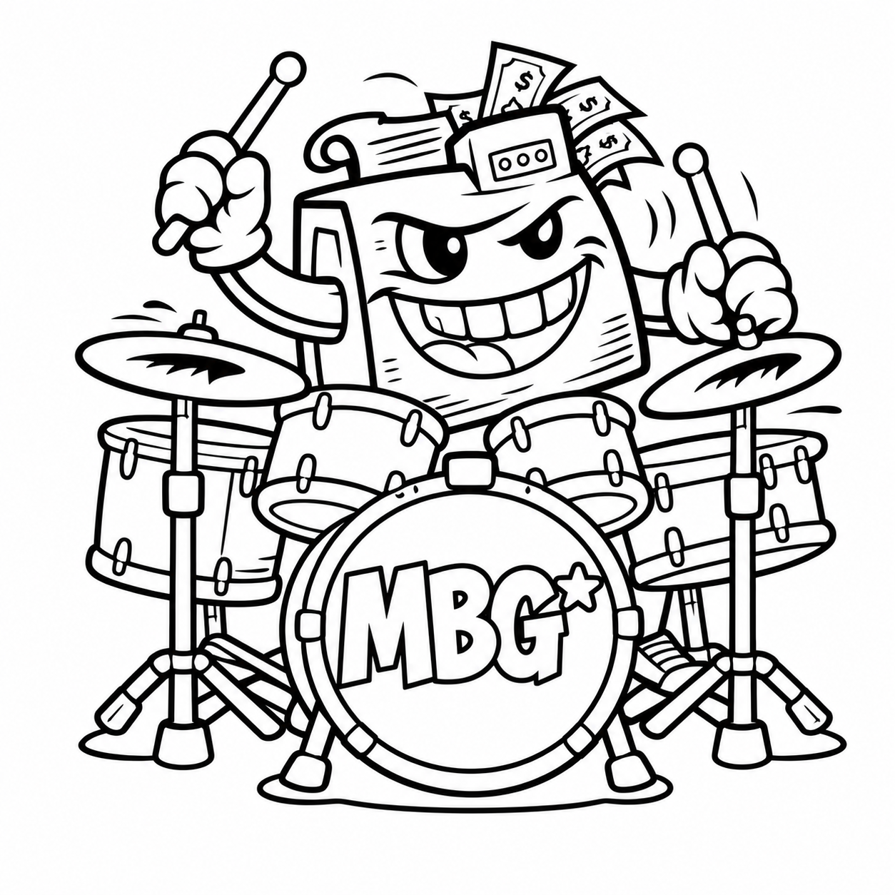 A cash-register cartoon character rocking out behind an MBG* drum kit — line drawing ready for coloring.