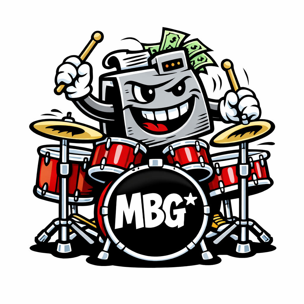 A cartoon cash register drummer playing a red drum kit with MBG on the bass drum.